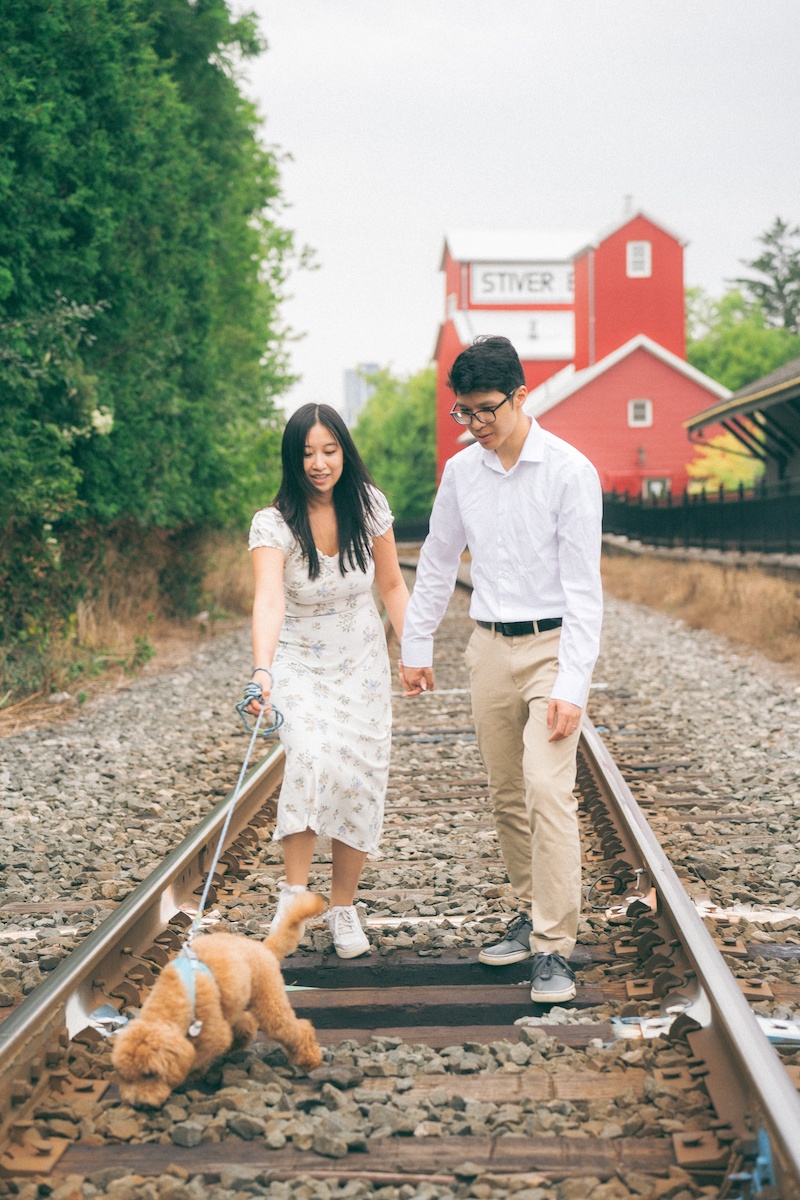 A man and woman happily walking their puppy along train tracks. The background includes trees, an old red building and the railroad tracks.